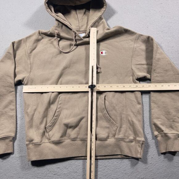 Champion‎ Hoodie Men Medium Beige Reverse Weave Pullover Sweatshirt Logo + Spots - Picture 3 of 9